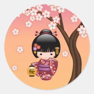 Sakura Kokeshi Doll Geisha Girl on Peach Classic Round Sticker