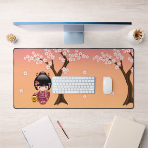 Sakura Kokeshi Doll - Geisha Girl on Peach Desk Mat