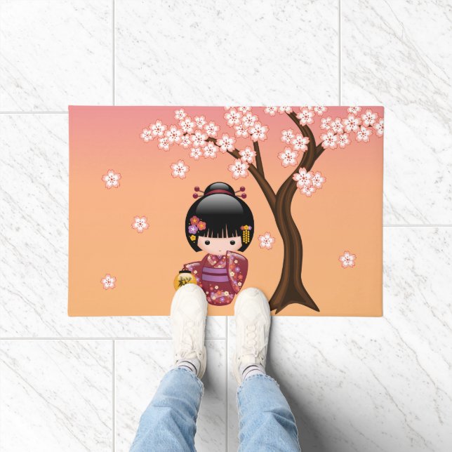 Sakura Kokeshi Doll - Geisha Girl on Peach Doormat (Indoor)