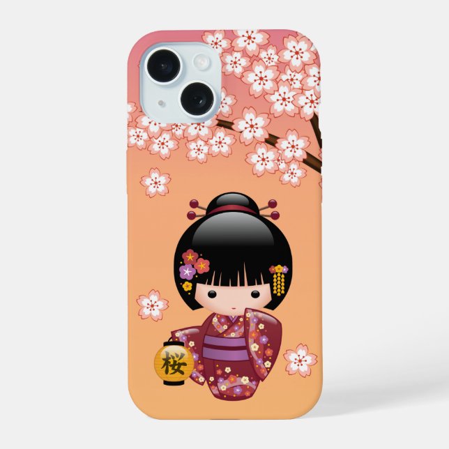 Sakura Kokeshi Doll - Geisha Girl on Peach iPhone 15 Case (Back)