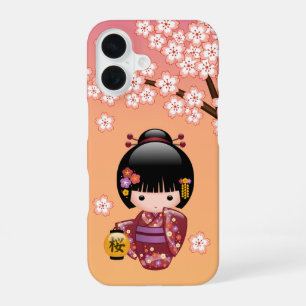 Sakura Kokeshi Doll - Geisha Girl on Peach iPhone 16 Case