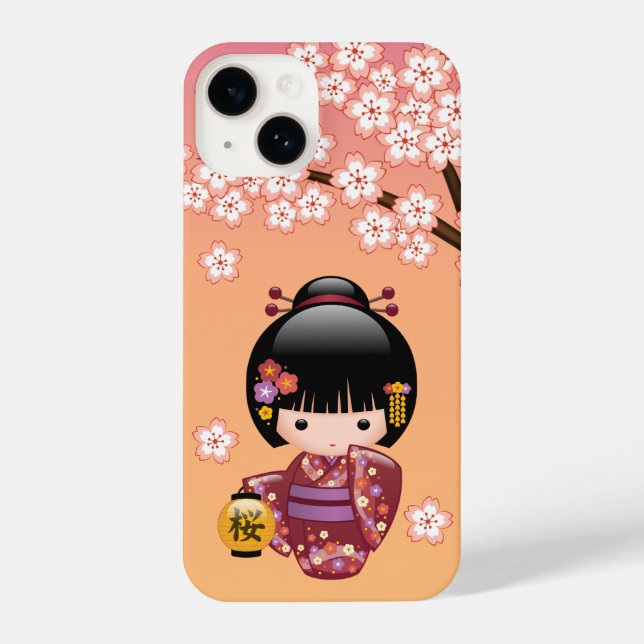 Sakura Kokeshi Doll - Geisha Girl on Peach iPhone Case (Back)