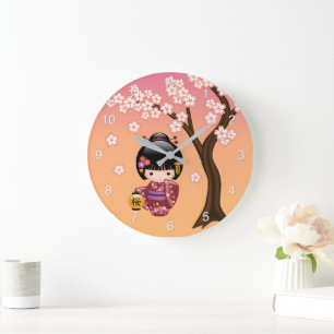 Sakura Kokeshi Doll - Geisha Girl on Peach Large C Large Clock