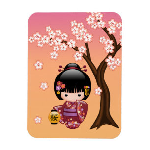 Sakura Kokeshi Doll - Geisha Girl on Peach Magnet