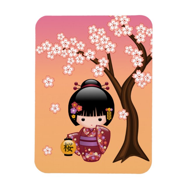 Sakura Kokeshi Doll - Geisha Girl on Peach Magnet (Vertical)