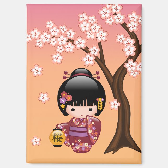 Sakura Kokeshi Doll - Geisha Girl on Peach Magnet (Front)