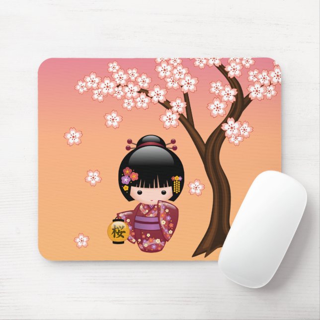 Sakura Kokeshi Doll - Geisha Girl on Peach Mouse Mat (With Mouse)