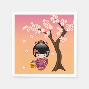 Sakura Kokeshi Doll - Geisha Girl on Peach Napkin
