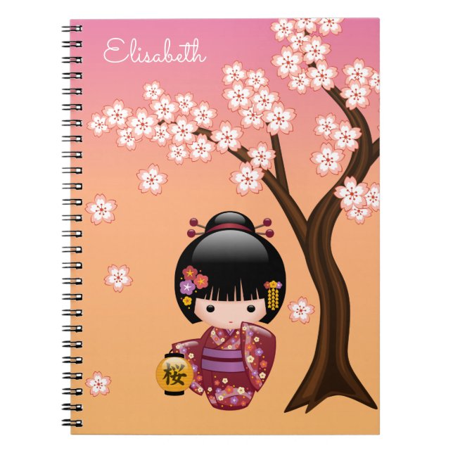 Sakura Kokeshi Doll - Geisha Girl on Peach Notebook (Front)