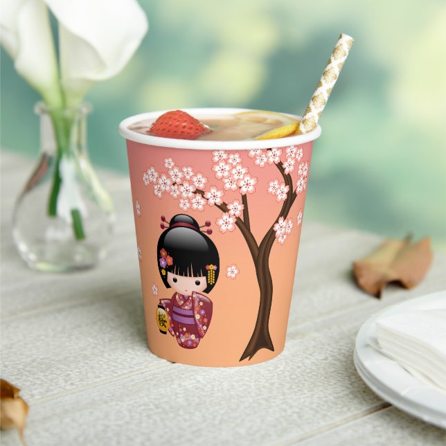 Sakura Kokeshi Doll - Geisha Girl on Peach Paper Cups (Insitu)