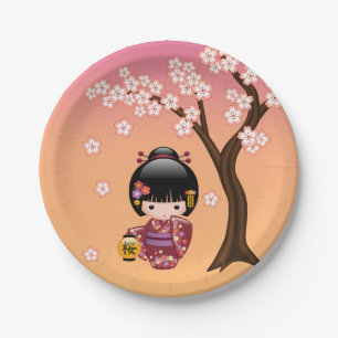 Sakura Kokeshi Doll - Geisha Girl on Peach Paper Plate