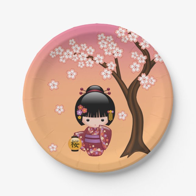 Sakura Kokeshi Doll - Geisha Girl on Peach Paper Plate (Front)