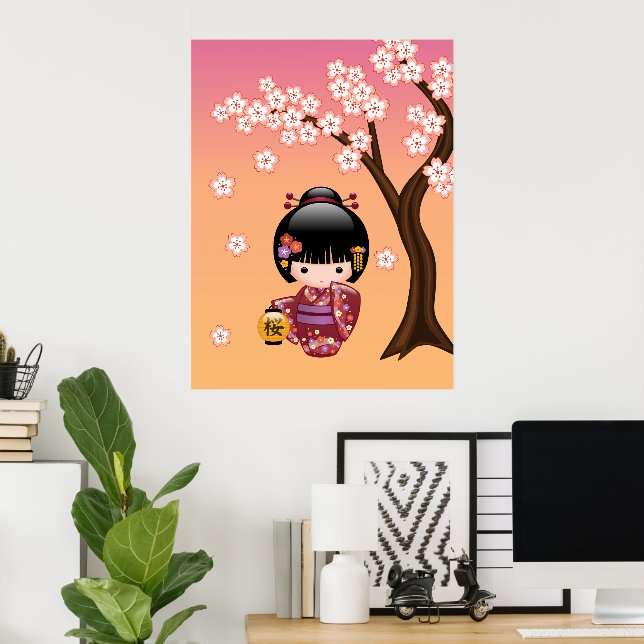 Sakura Kokeshi Doll - Geisha Girl on Peach Poster (Home Office)