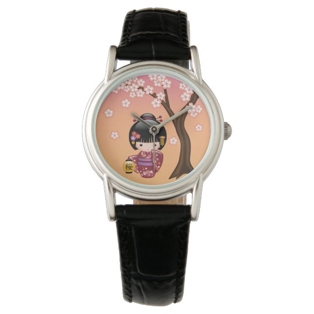Sakura Kokeshi Doll - Geisha Girl on Peach Watch (Front)