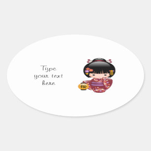 Sakura Kokeshi Doll - Geisha Girl on White Oval Sticker