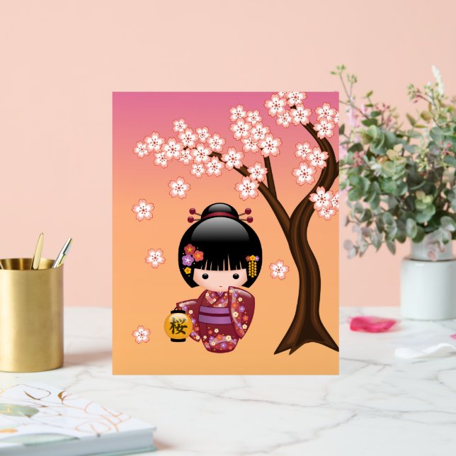 Sakura Kokeshi Doll - Geisha Girl on Yellow Acrylic Sign (Wedding)