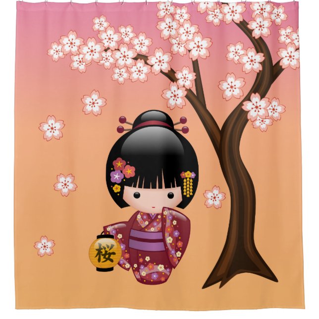 Sakura Kokeshi Doll Geisha Girl on Yellow Shower Curtain (Front)