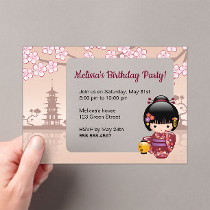 Sakura Kokeshi Transparent Window Birthday Beige Acrylic Invitations