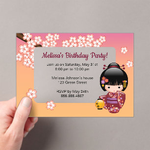 Sakura Kokeshi Transparent Window Birthday Peach Acrylic Invitations