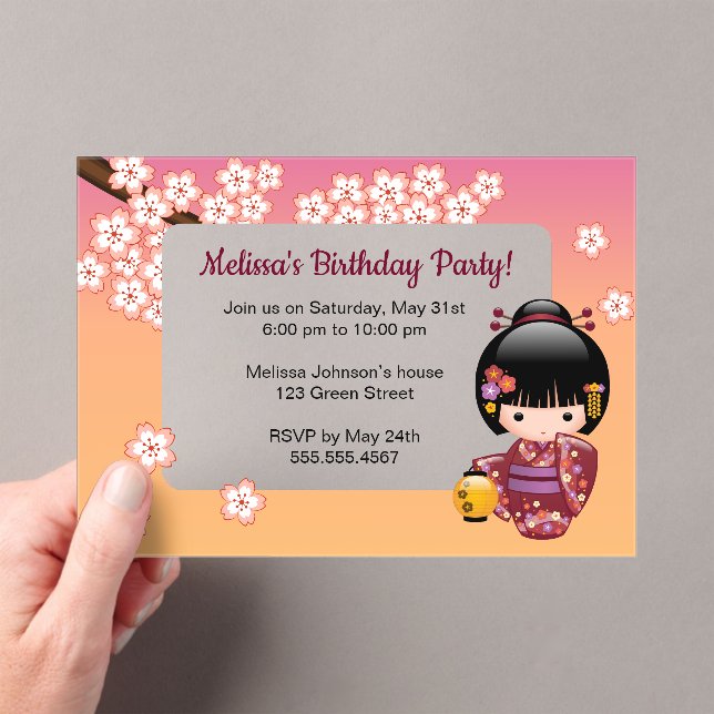 Sakura Kokeshi Transparent Window Birthday Peach Acrylic Invitations (Insitu (Handheld))