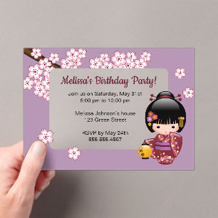 Sakura Kokeshi Transparent Window Birthday Purple Acrylic Invitations