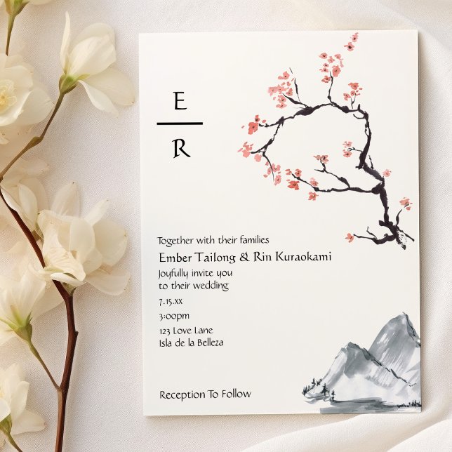 Sakura Mountain | Casual Monogram Wedding Invitati Invitation (Creator Uploaded)
