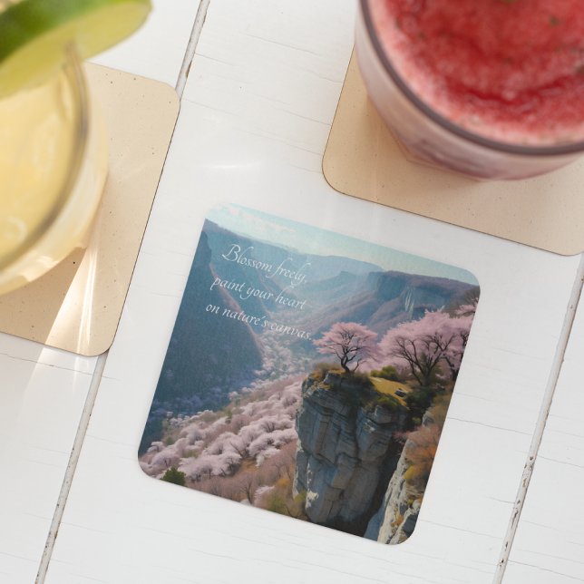 Sakura Mountain Valley Vista - Anime Landscape Square Paper Coaster (Creator Uploaded)