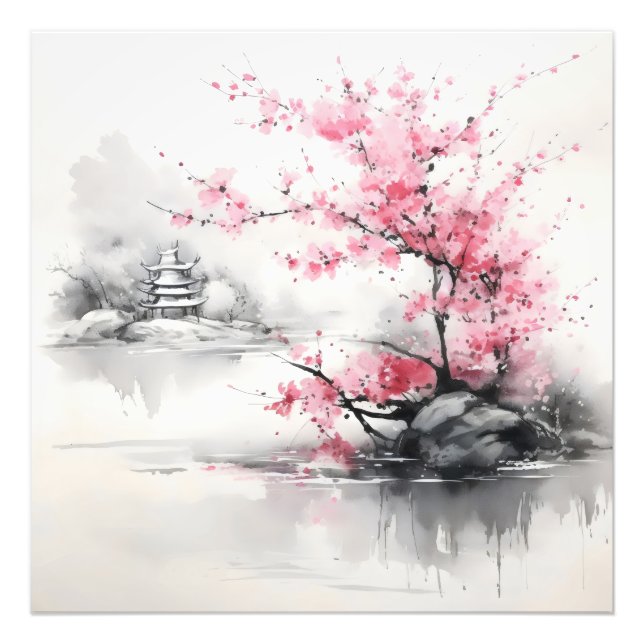 Sakura over Lake Ink Painting Photo Print (Front)
