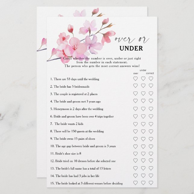 Sakura - Over or under bridal shower game (Front/Back)