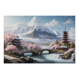 Sakura Painting with Pagoda and River Poster
