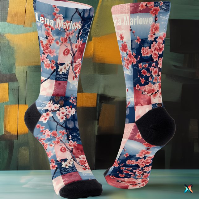 Sakura Patchwork Socks with Blue and Pink Elegance (Creator Uploaded)