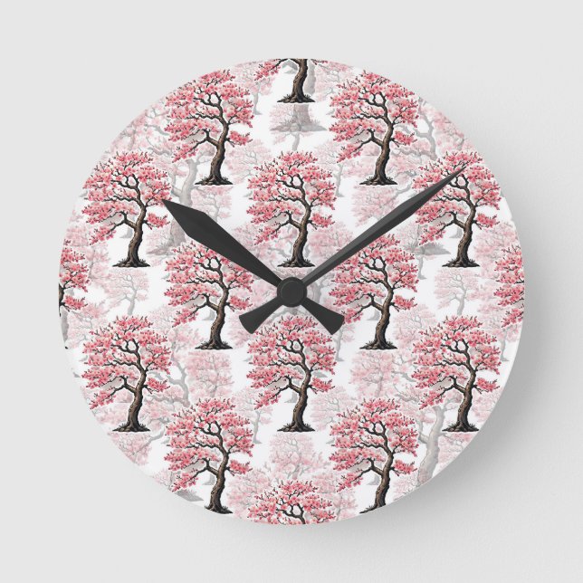 Sakura Pink Cherry Blossom Tree Design  Round Clock (Front)