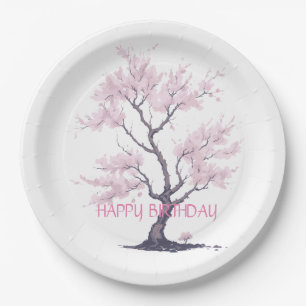 Sakura Pink Cherry Blossom Tree Watercolor Paper Plate
