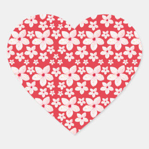 Sakura Pink Flower Seamless Pattern Red Background Heart Sticker