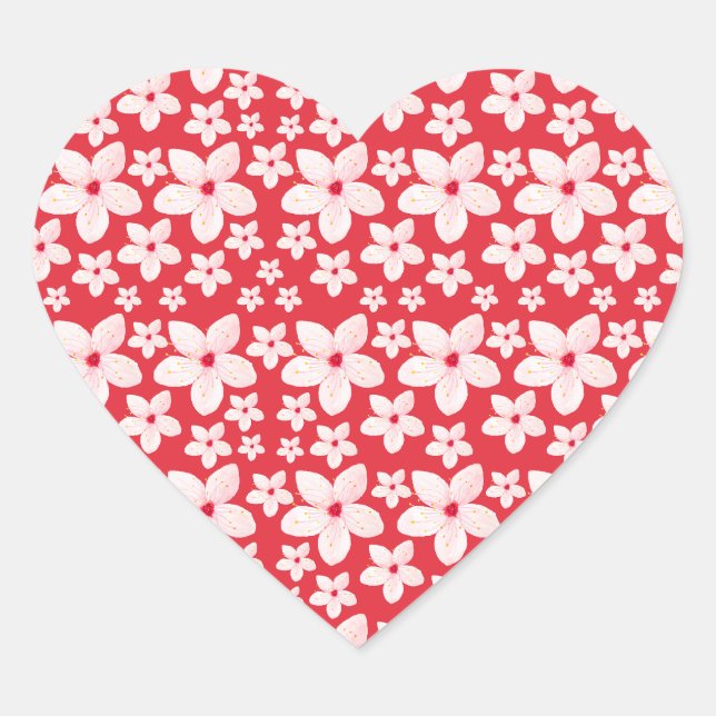 Sakura Pink Flower Seamless Pattern Red Background Heart Sticker (Front)