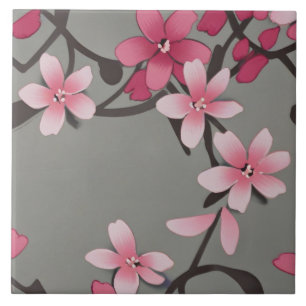 Sakura Pink - Japanese Floral Flowers on Dark Grey Tile