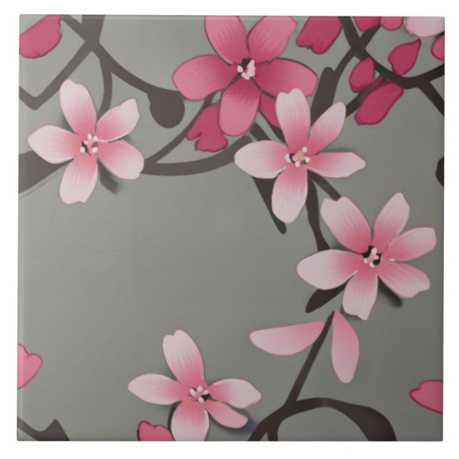 Sakura Pink - Japanese Floral Flowers on Dark Grey Tile (Front)