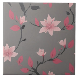 Sakura Pink - Japanese Floral Flowers on Dark Grey Tile