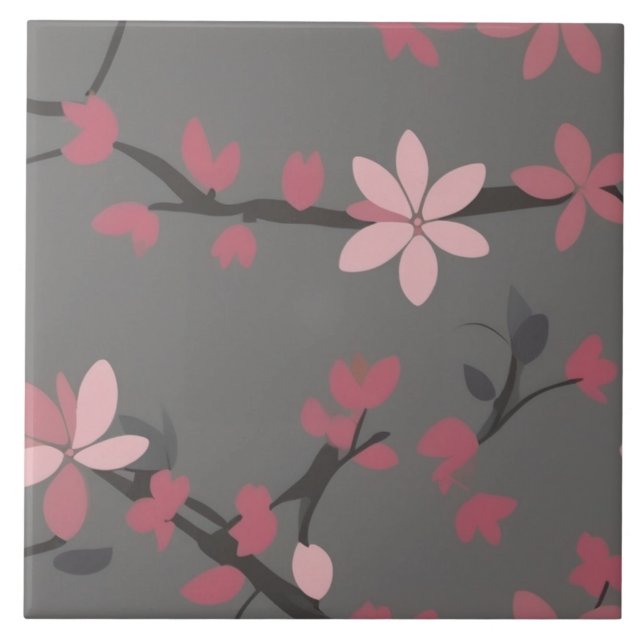Sakura Pink - Japanese Floral Flowers on Dark Grey Tile (Front)