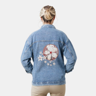 Sakura red and white cherry blossom asian floral denim jacket