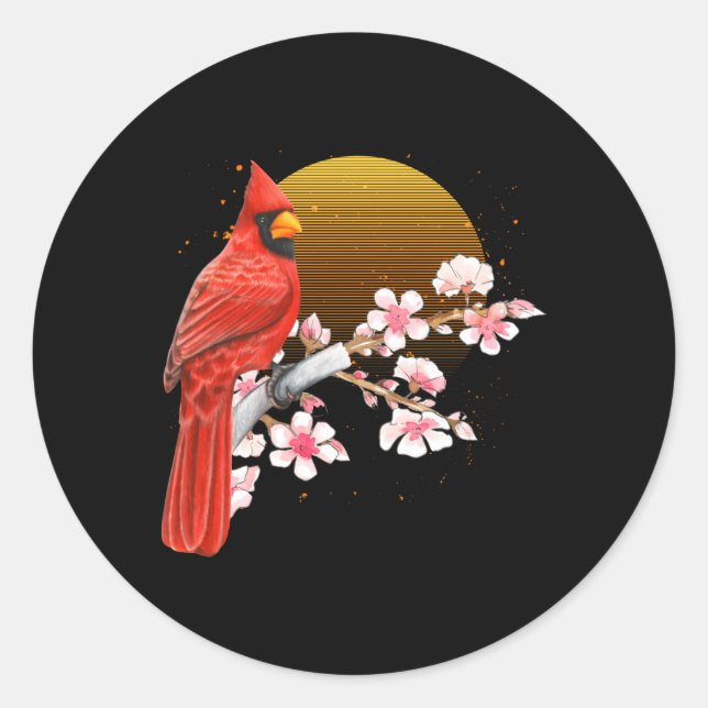 Sakura Red Cardinal Birdwatching Cherry Blossom Bi Classic Round Sticker (Front)