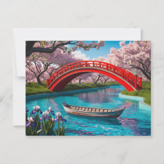 Sakura Serenity Over the Red Bridge Postcard