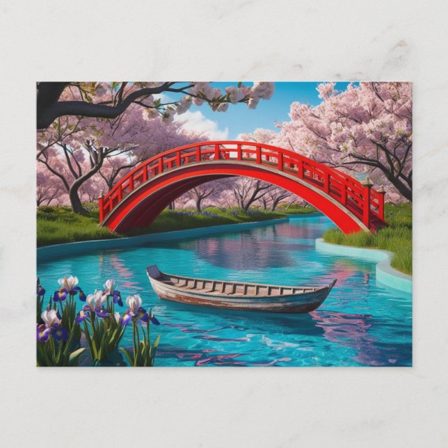 Sakura Serenity Over the Red Bridge Postcard (Front)