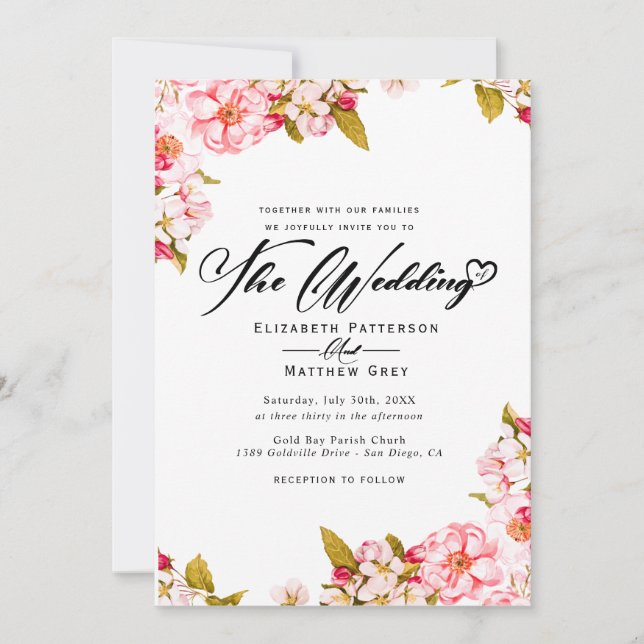 Sakura Spring botanical watercolor floral Wedding Invitation (Front)