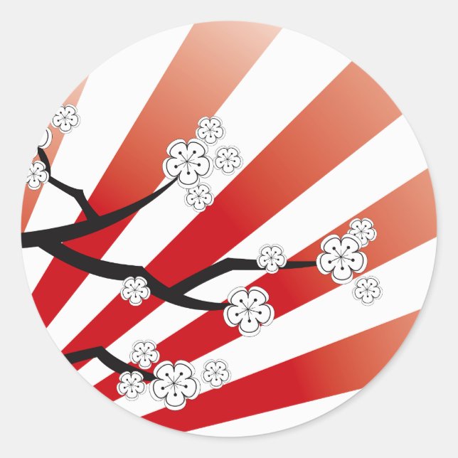 Sakura Sunrise White Cherry Blossoms Flowers Zen Classic Round Sticker (Front)