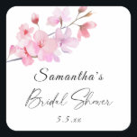 Sakura - Wedding Bridal shower Square Sticker<br><div class="desc">Watercolor Japanese Sakura theme bridal shower card featuring watercolor illustration of Cherry Blossom a tree branch. Elegant calligraphic handwriting,  which is perfect for spring,  summer or autumn weddings. Matching items available.</div>