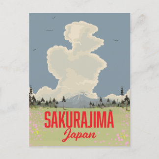 Sakurajima Japan retro travel poster. Invitation Postcard