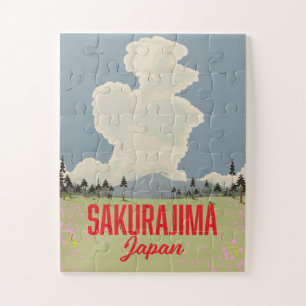 Sakurajima Japan retro travel poster. Jigsaw Puzzle