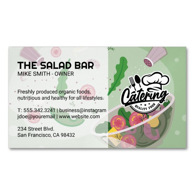 Salad Being Tossed and Seasoned | Catering Magnetic Business Card (Front)