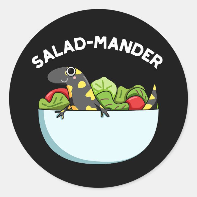 Salad-mander Funny Salamander Animal Pun Dark BG Classic Round Sticker (Front)